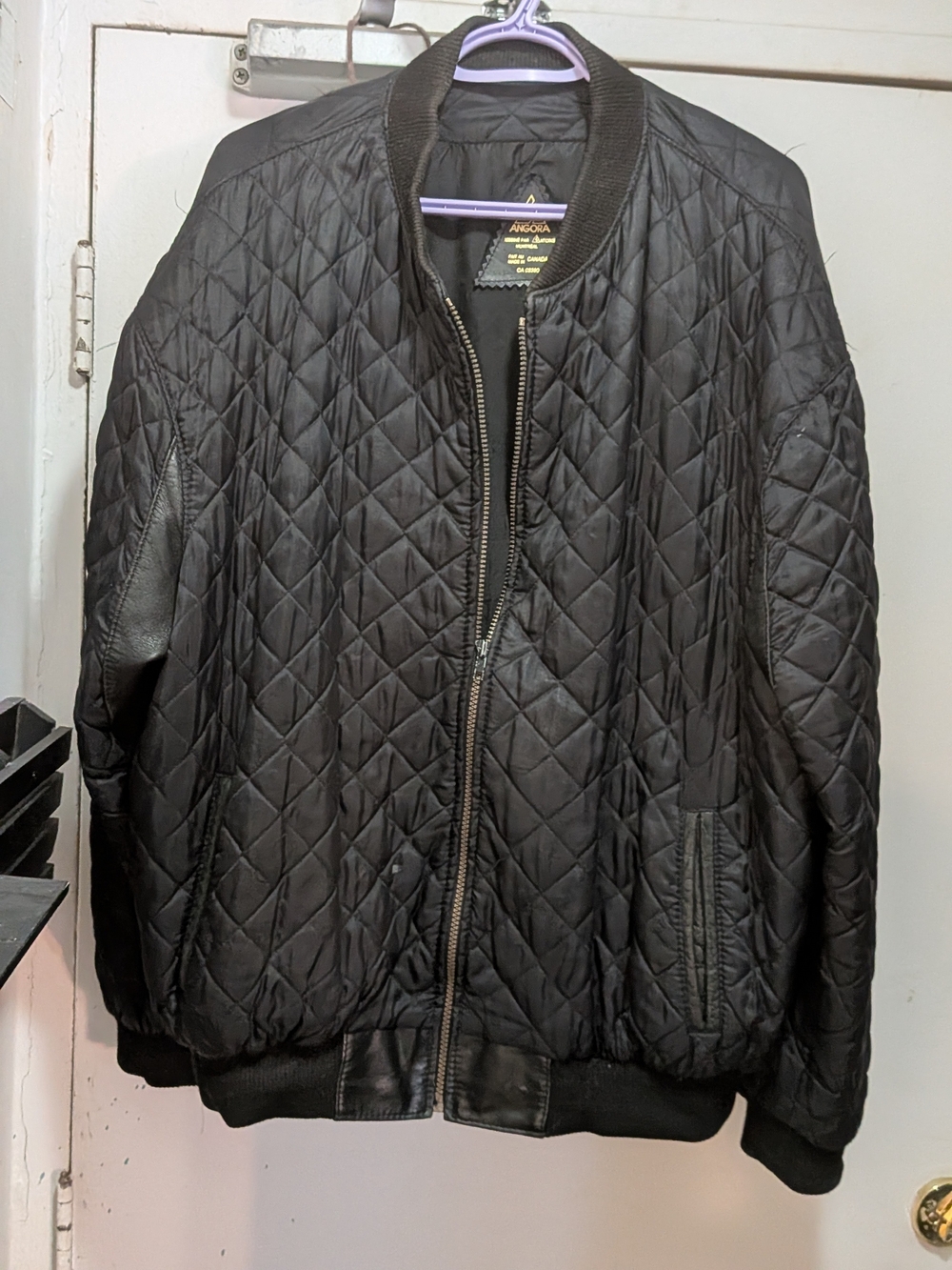 Vintage ANGORA Montreal Quilted Bomber Jacket Black Leather Trim CA 03380